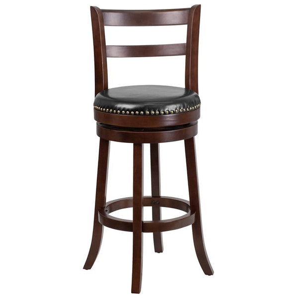Flash Furniture 30'' High Cappuccino Wood Barstool with Single Slat Ladder Back and Black Leather Swivel Seat - TA-16029-CA-GG