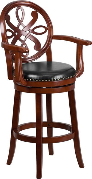 Flash Furniture 30'' High Cherry Wood Barstool with Arms, Carved Back and Black Leather Swivel Seat - TA-550230-CHY-GG