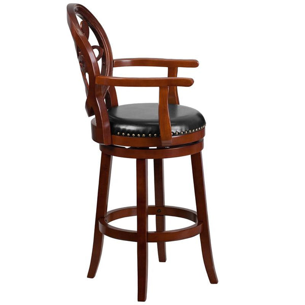 Flash Furniture 30'' High Cherry Wood Barstool with Arms, Carved Back and Black Leather Swivel Seat - TA-550230-CHY-GG