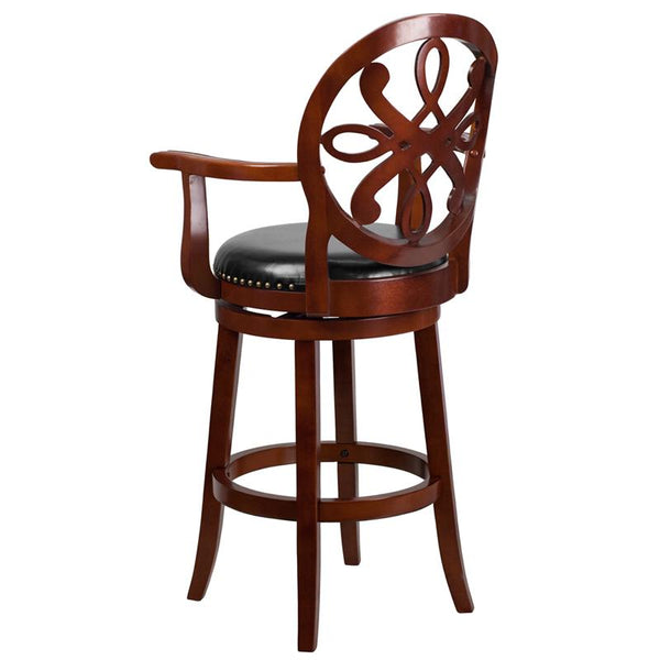 Flash Furniture 30'' High Cherry Wood Barstool with Arms, Carved Back and Black Leather Swivel Seat - TA-550230-CHY-GG