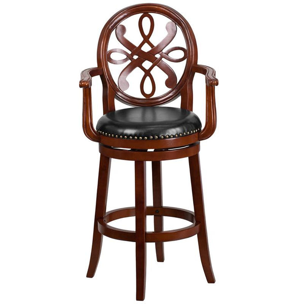 Flash Furniture 30'' High Cherry Wood Barstool with Arms, Carved Back and Black Leather Swivel Seat - TA-550230-CHY-GG