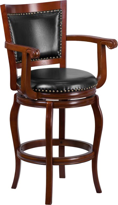 Flash Furniture 30'' High Cherry Wood Barstool with Arms, Panel Back and Black Leather Swivel Seat - TA-21259-CHY-GG