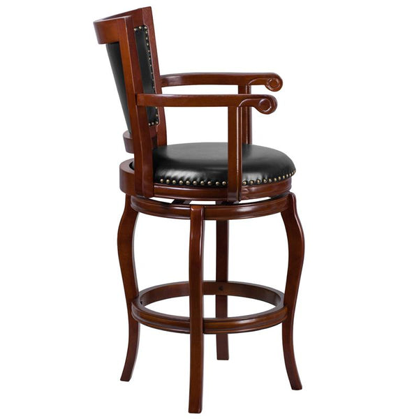 Flash Furniture 30'' High Cherry Wood Barstool with Arms, Panel Back and Black Leather Swivel Seat - TA-21259-CHY-GG