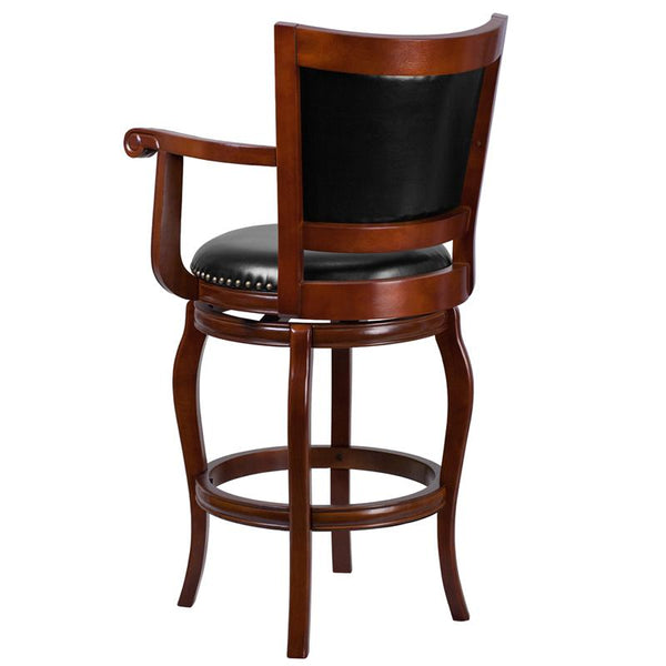 Flash Furniture 30'' High Cherry Wood Barstool with Arms, Panel Back and Black Leather Swivel Seat - TA-21259-CHY-GG