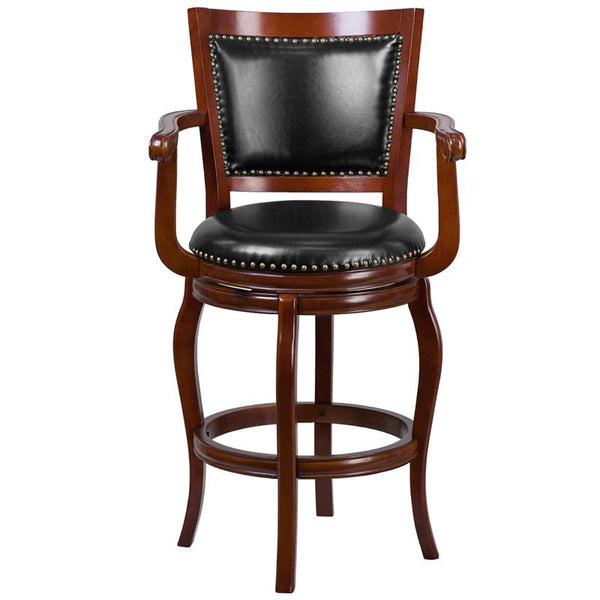 Flash Furniture 30'' High Cherry Wood Barstool with Arms, Panel Back and Black Leather Swivel Seat - TA-21259-CHY-GG