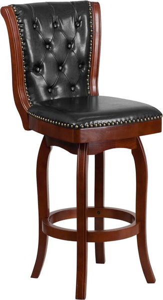 Flash Furniture 30'' High Cherry Wood Barstool with Button Tufted Back and Black Leather Swivel Seat - TA-240130-CHY-GG