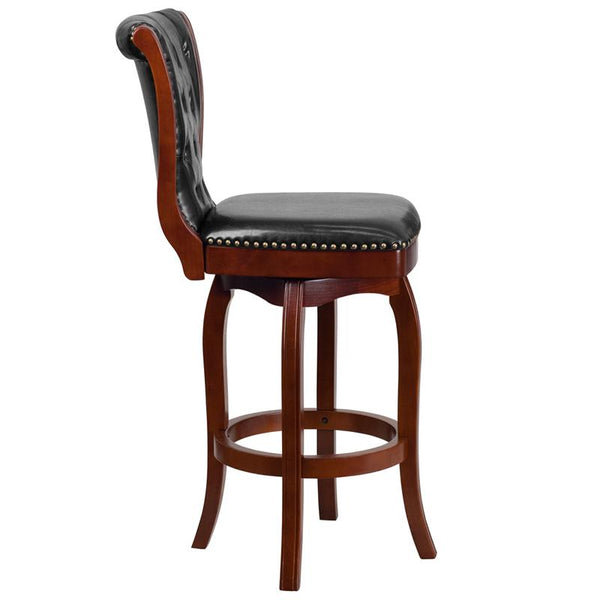 Flash Furniture 30'' High Cherry Wood Barstool with Button Tufted Back and Black Leather Swivel Seat - TA-240130-CHY-GG