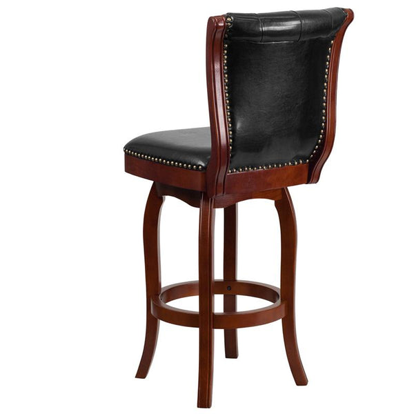 Flash Furniture 30'' High Cherry Wood Barstool with Button Tufted Back and Black Leather Swivel Seat - TA-240130-CHY-GG