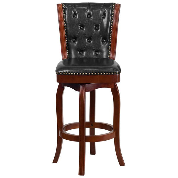 Flash Furniture 30'' High Cherry Wood Barstool with Button Tufted Back and Black Leather Swivel Seat - TA-240130-CHY-GG