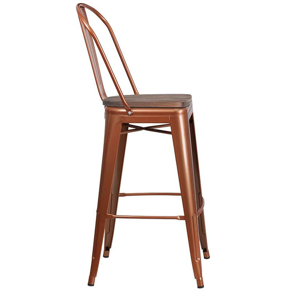 Flash Furniture 30" High Copper Metal Barstool with Back and Wood Seat - ET-3534-30-POC-WD-GG