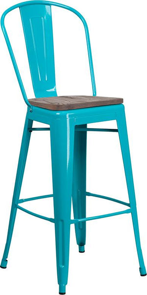 Flash Furniture 30" High Crystal Teal-Blue Metal Barstool with Back and Wood Seat - ET-3534-30-CB-WD-GG