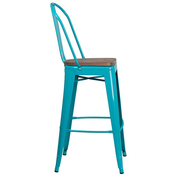 Flash Furniture 30" High Crystal Teal-Blue Metal Barstool with Back and Wood Seat - ET-3534-30-CB-WD-GG