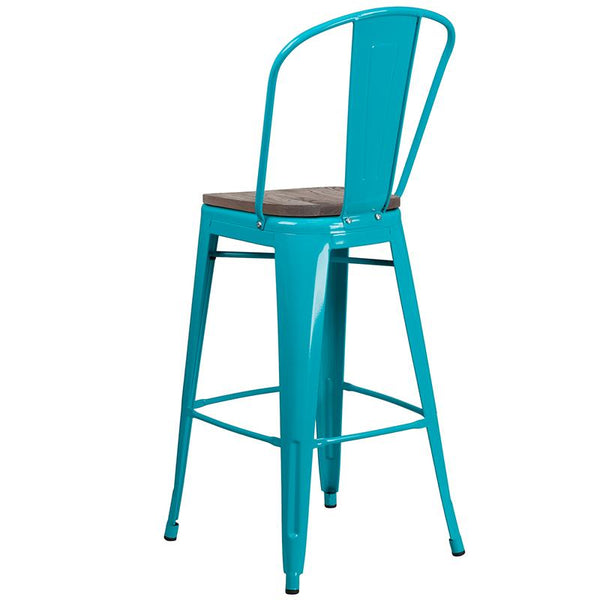 Flash Furniture 30" High Crystal Teal-Blue Metal Barstool with Back and Wood Seat - ET-3534-30-CB-WD-GG