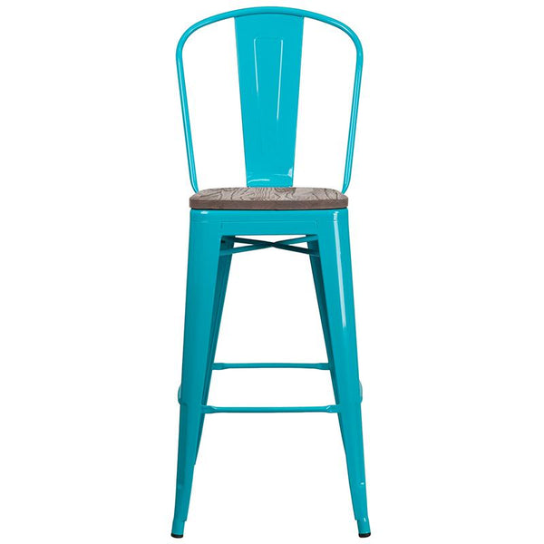 Flash Furniture 30" High Crystal Teal-Blue Metal Barstool with Back and Wood Seat - ET-3534-30-CB-WD-GG