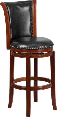 Flash Furniture 30'' High Dark Chestnut Wood Barstool with Panel Back and Black Leather Swivel Seat - TA-220130-DC-GG