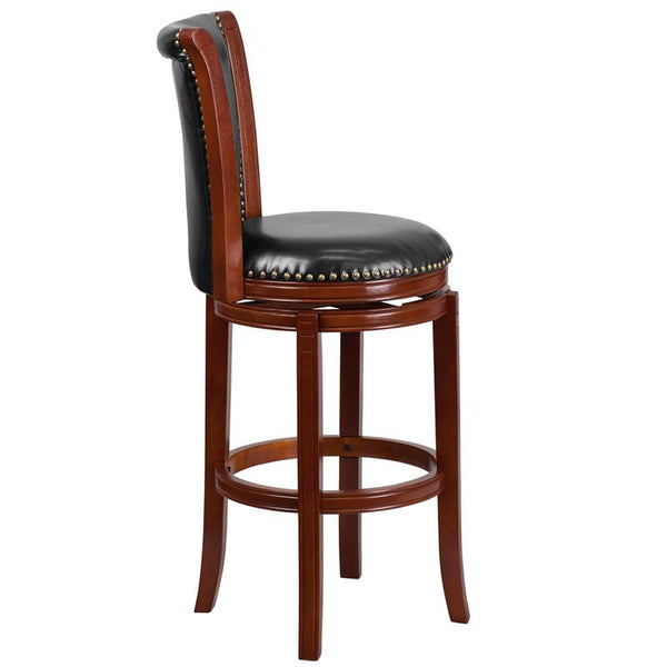 Flash Furniture 30'' High Dark Chestnut Wood Barstool with Panel Back and Black Leather Swivel Seat - TA-220130-DC-GG