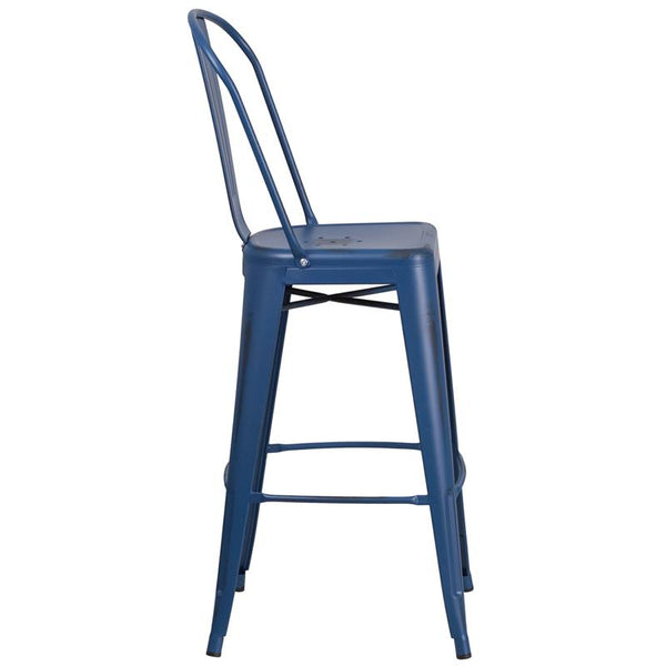 Flash Furniture 30'' High Distressed Antique Blue Metal Indoor-Outdoor Barstool with Back - ET-3534-30-AB-GG