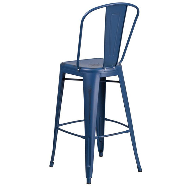 Flash Furniture 30'' High Distressed Antique Blue Metal Indoor-Outdoor Barstool with Back - ET-3534-30-AB-GG