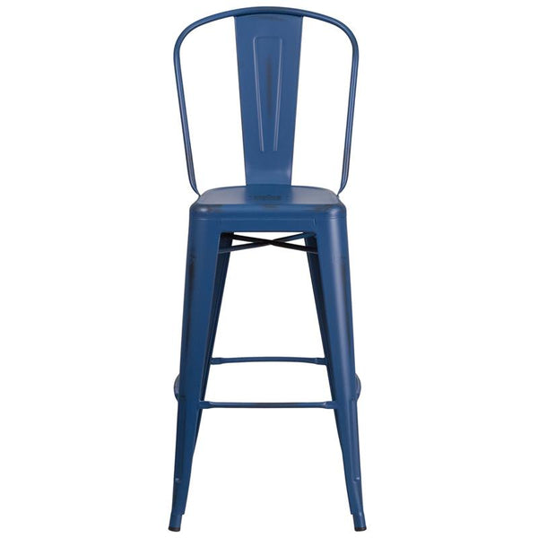 Flash Furniture 30'' High Distressed Antique Blue Metal Indoor-Outdoor Barstool with Back - ET-3534-30-AB-GG