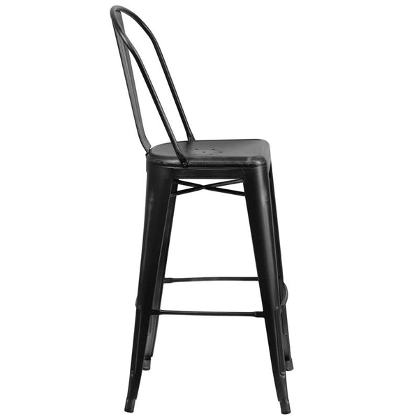 Flash Furniture 30'' High Distressed Black Metal Indoor-Outdoor Barstool with Back - ET-3534-30-BK-GG