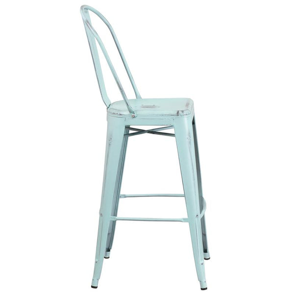 Flash Furniture 30'' High Distressed Green-Blue Metal Indoor-Outdoor Barstool with Back - ET-3534-30-DB-GG