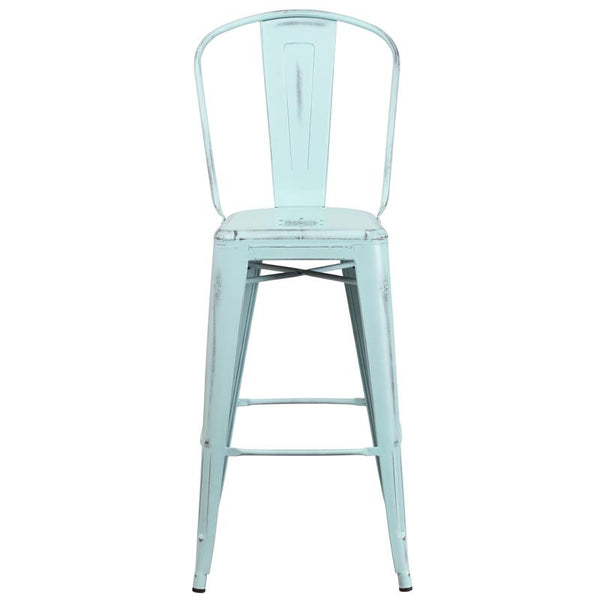 Flash Furniture 30'' High Distressed Green-Blue Metal Indoor-Outdoor Barstool with Back - ET-3534-30-DB-GG