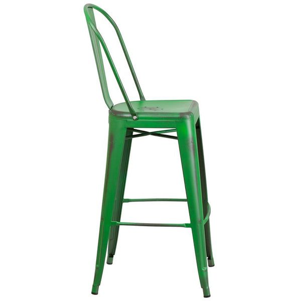 Flash Furniture 30'' High Distressed Green Metal Indoor-Outdoor Barstool with Back - ET-3534-30-GN-GG