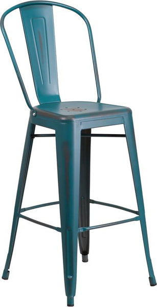 Flash Furniture 30'' High Distressed Kelly Blue-Teal Metal Indoor-Outdoor Barstool with Back - ET-3534-30-KB-GG
