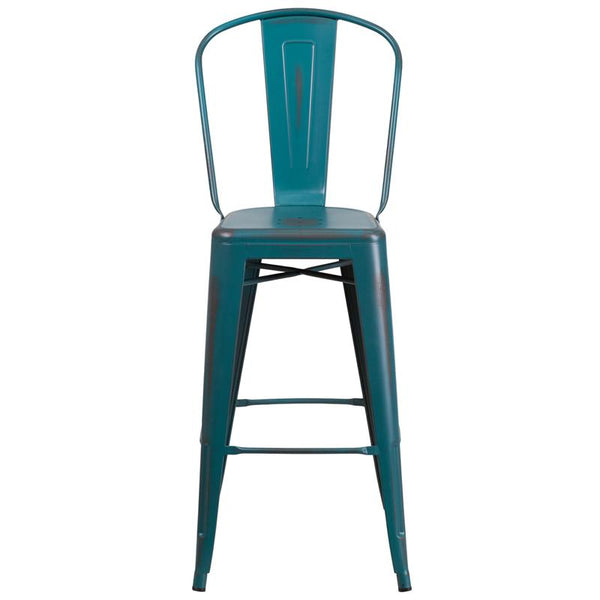 Flash Furniture 30'' High Distressed Kelly Blue-Teal Metal Indoor-Outdoor Barstool with Back - ET-3534-30-KB-GG