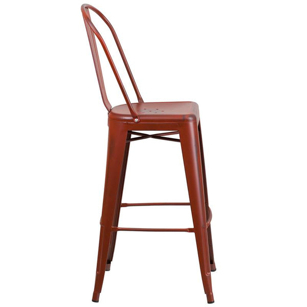 Flash Furniture 30'' High Distressed Kelly Red Metal Indoor-Outdoor Barstool with Back - ET-3534-30-RD-GG