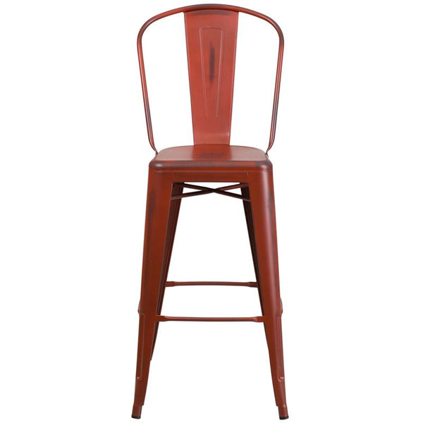 Flash Furniture 30'' High Distressed Kelly Red Metal Indoor-Outdoor Barstool with Back - ET-3534-30-RD-GG