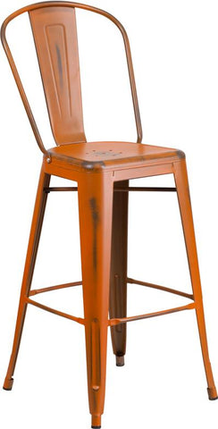Flash Furniture 30'' High Distressed Orange Metal Indoor-Outdoor Barstool with Back - ET-3534-30-OR-GG
