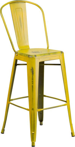 Flash Furniture 30'' High Distressed Yellow Metal Indoor-Outdoor Barstool with Back - ET-3534-30-YL-GG