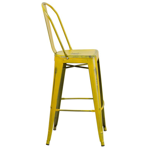 Flash Furniture 30'' High Distressed Yellow Metal Indoor-Outdoor Barstool with Back - ET-3534-30-YL-GG