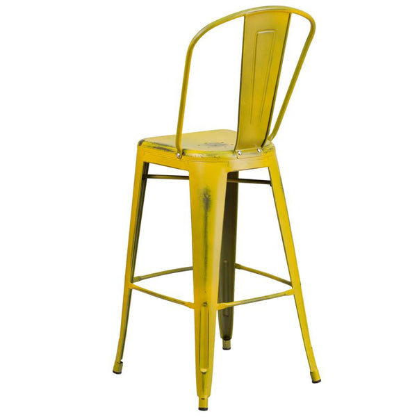 Flash Furniture 30'' High Distressed Yellow Metal Indoor-Outdoor Barstool with Back - ET-3534-30-YL-GG