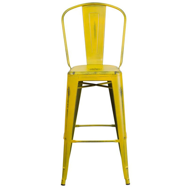 Flash Furniture 30'' High Distressed Yellow Metal Indoor-Outdoor Barstool with Back - ET-3534-30-YL-GG