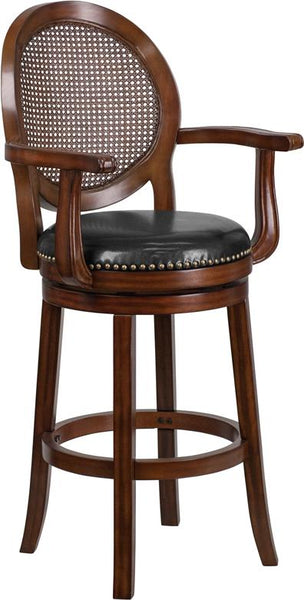 Flash Furniture 30'' High Expresso Wood Barstool with Arms, Woven Rattan Back and Black Leather Swivel Seat - TA-550430-E-GG