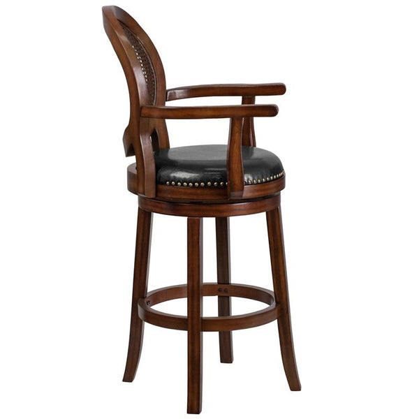 Flash Furniture 30'' High Expresso Wood Barstool with Arms, Woven Rattan Back and Black Leather Swivel Seat - TA-550430-E-GG