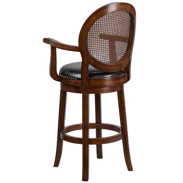 Flash Furniture 30'' High Expresso Wood Barstool with Arms, Woven Rattan Back and Black Leather Swivel Seat - TA-550430-E-GG