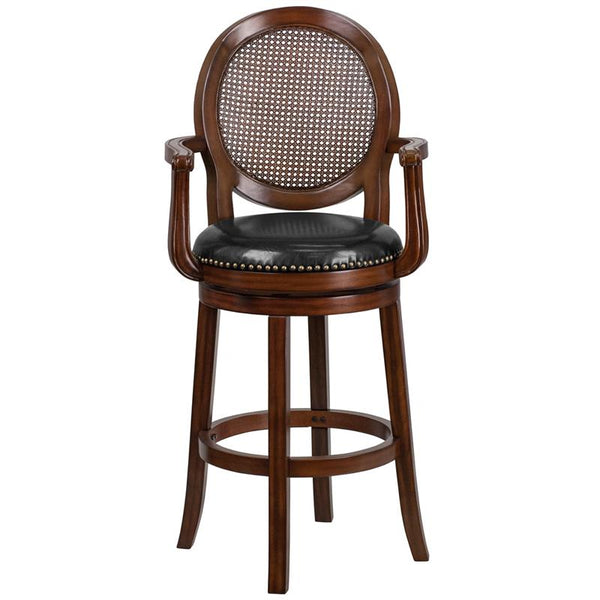 Flash Furniture 30'' High Expresso Wood Barstool with Arms, Woven Rattan Back and Black Leather Swivel Seat - TA-550430-E-GG