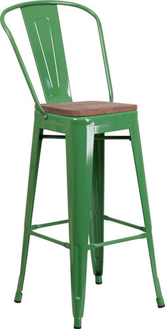 Flash Furniture 30" High Green Metal Barstool with Back and Wood Seat - CH-31320-30GB-GN-WD-GG