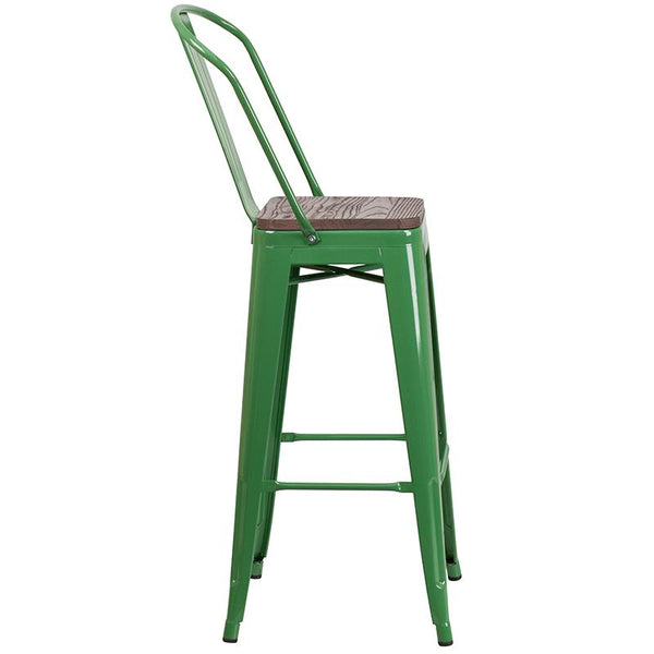 Flash Furniture 30" High Green Metal Barstool with Back and Wood Seat - CH-31320-30GB-GN-WD-GG