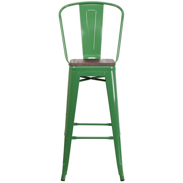 Flash Furniture 30" High Green Metal Barstool with Back and Wood Seat - CH-31320-30GB-GN-WD-GG