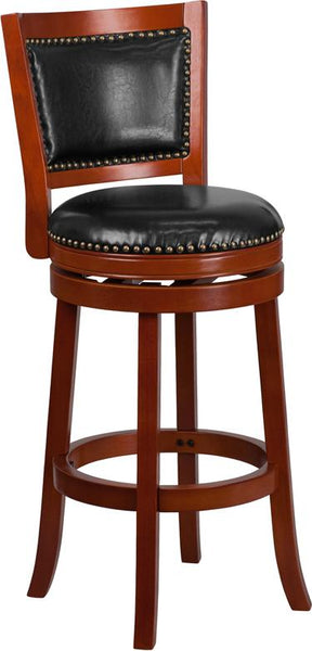 Flash Furniture 30'' High Light Cherry Wood Barstool with Open Panel Back and Black Leather Swivel Seat - TA-355530-LC-GG