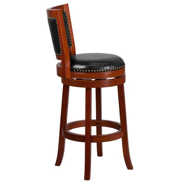 Flash Furniture 30'' High Light Cherry Wood Barstool with Open Panel Back and Black Leather Swivel Seat - TA-355530-LC-GG