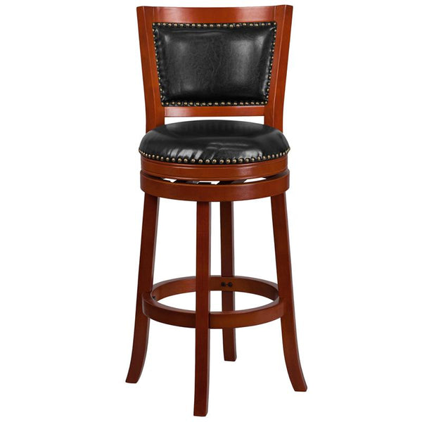 Flash Furniture 30'' High Light Cherry Wood Barstool with Open Panel Back and Black Leather Swivel Seat - TA-355530-LC-GG