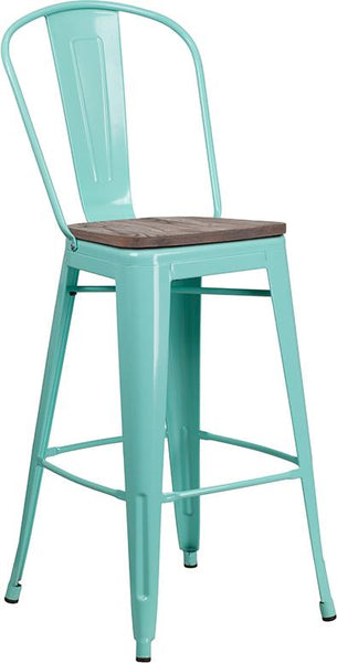 Flash Furniture 30" High Mint Green Metal Barstool with Back and Wood Seat - ET-3534-30-MINT-WD-GG