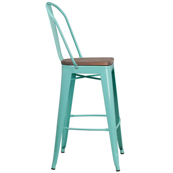 Flash Furniture 30" High Mint Green Metal Barstool with Back and Wood Seat - ET-3534-30-MINT-WD-GG