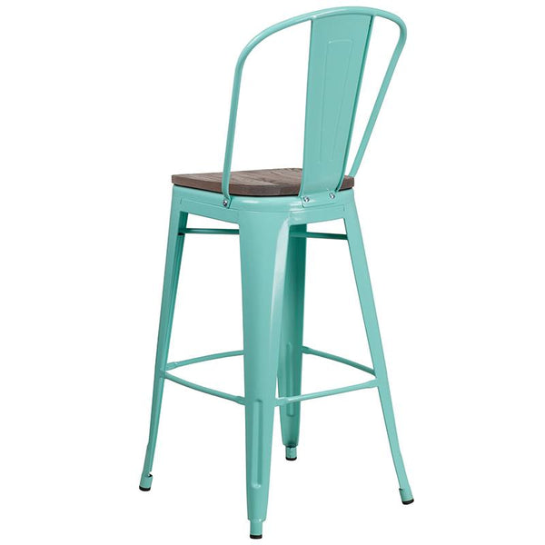 Flash Furniture 30" High Mint Green Metal Barstool with Back and Wood Seat - ET-3534-30-MINT-WD-GG