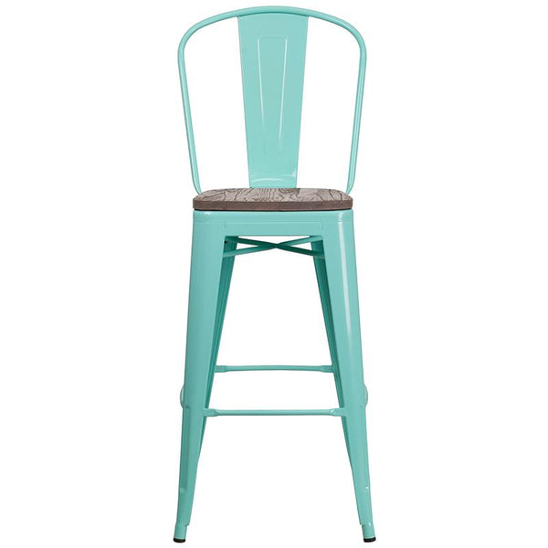 Flash Furniture 30" High Mint Green Metal Barstool with Back and Wood Seat - ET-3534-30-MINT-WD-GG